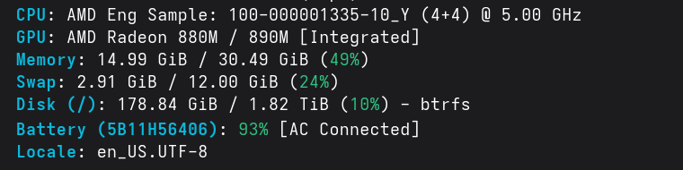 fastfetch 输出：CPU 一行写着 AMD Eng Sample: 100-000001335-10_Y (4+4) @ 5.00 GHz
